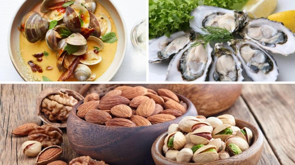 Seafood and nuts help to increase testosterone in the male body